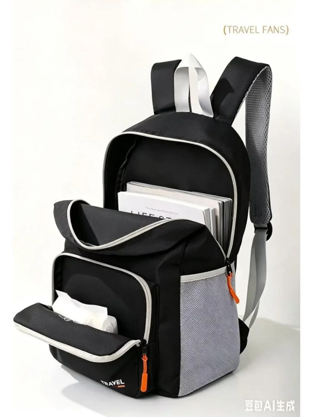 Stylish Black Day Travel Backpack with Front Pocket & Zipper - Perfect for